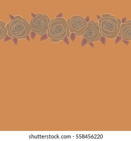 Seamless vector pattern with horizontal orange, beige and pink roses. Design of flowers in vintage style with copy space (place for your text). Illustration of floral decoration.