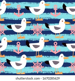 Seamless vector pattern with horizontal stripes, seagulls, and steering wheel.