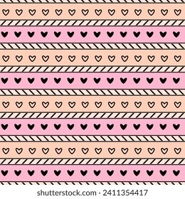 Seamless vector pattern of horizontal stripes with heart shapes, textile print, wrapping paper, wallpaper.