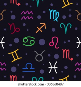 Seamless vector pattern of horoscope signs on a dark blue background, hand-drawn.