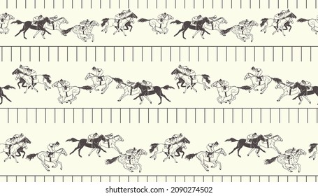 Seamless vector pattern. Horse racing. Racetrack, horses, jockeys.