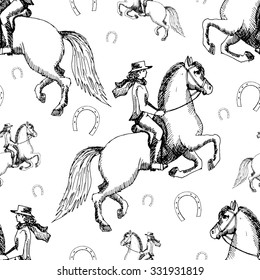 Patrón de Vector sin fisuras con caballo y jinete. Blanco y negro.