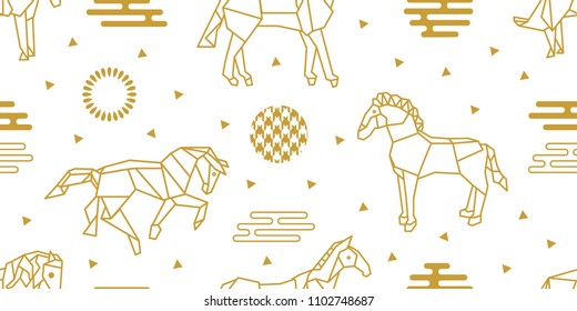 Seamless vector pattern with horses and abstract geometric elements. White and golden print with Japanese and Chinese paper art motifs.
