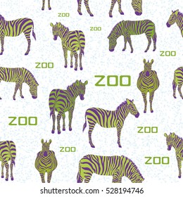 Seamless vector pattern of the horses, zebra animal uncommon coloring purple and lime with the slogan zoo on white background