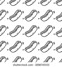Patrón vectorial sin foco con perros calientes. Vector de doodle con iconos de hot dogs sobre fondo blanco.