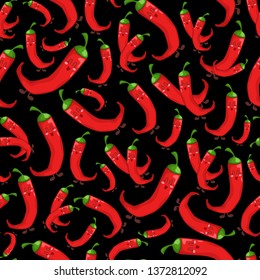 Seamless vector pattern - hot red chili papper on black background. Endless texture with kawaii cartoon food, vegetables. Cute character is smiling. Illustration for textile, wrapper. Flat style