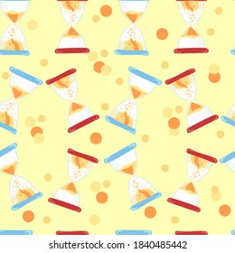 Seamless vector pattern hourglass on a pastel background, flat design. Abstract drawing, clock with sand, suitable for your cards, invitations, backgrounds, posters, flyers, decorations.