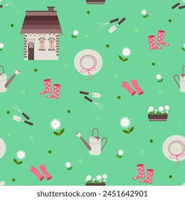 Seamless vector pattern with house and garden tools, watering can, pot with flowers, straw hat, gloves and boots.
