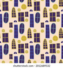 Seamless vector pattern of house spot cartoon windows in the city in pastel colors. Perfect for backgrounds, cards, decorations, web design, surface and textile design, wrapping paper
