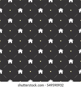 Seamless Vector Pattern With House Symbol On Dark Black Background, Can Be Used As Tiling, Web Pattern Or For Just Related Design.