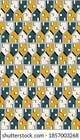 seamless vector pattern of houses in the 2021 color trends set sail champagne, fortuna gold and tidewater green