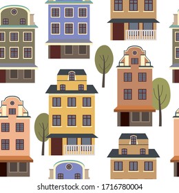 Patrón vectorial transparente con las casas. Ciudad con casas coloridas y árboles en un fondo blanco.