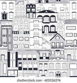 Seamless vector pattern with houses. Hand drawn digital illustration in black and white.
