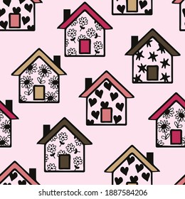 Seamless vector pattern with houses on pink background. Cute family home wallpaper design for children. Decorative town fashion textile.