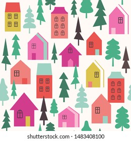 Seamless vector pattern with houses and trees. Bright illustration with town.