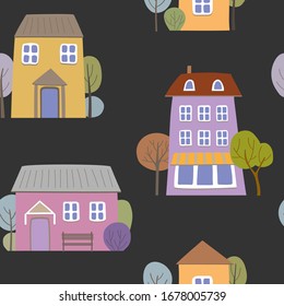 Seamless vector pattern with houses and trees on a black background. Colorful houses on the street.