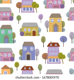 Seamless vector pattern with houses and trees on a white background. Colorful houses on the street.