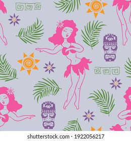 Seamless vector pattern with hula girl on blue background. Beautiful summer holiday wallpaper design. Tropical Hawaii fashion textile.