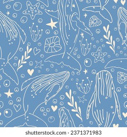 Seamless vector pattern with humpback whales swimming and jumping, seaweed, corals, starfish. Blue background