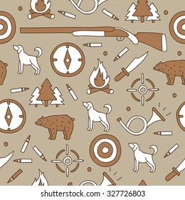 Seamless vector pattern with hunting icons on gray-beige background, painted by hand.