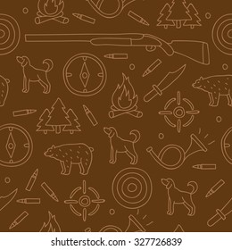 Seamless vector pattern with hunting icons on a brown background, painted by hand.