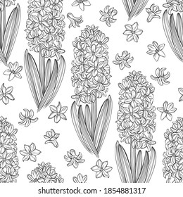 Seamless vector pattern with hyacinths on white. Floral art background. Perfect for design templates,  wallpaper, wrapping, fabric and textile. Black and white. Outline.