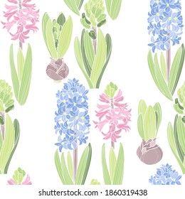 Seamless vector pattern with hyacinths on white. Floral art background. Perfect for design templates,  wallpaper, wrapping, fabric and textile. Color.