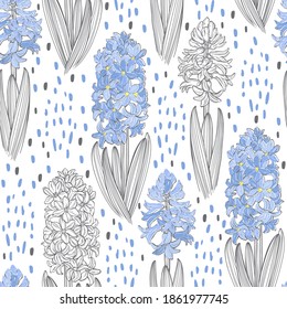 Seamless vector pattern with hyacinths on white. Floral art background. Perfect for design templates, wallpaper, wrapping, fabric and textile.