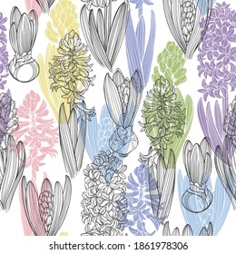 Seamless vector pattern with hyacinths on white. Black outlines and multicolored silhouettes. Floral art background. Perfect for design templates, wallpaper, wrapping, fabric and textile.