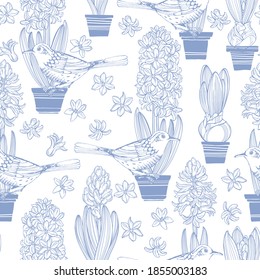Seamless vector pattern with hyacinths in pots and birds on white. Floral art background. Perfect for design templates,  wallpaper, wrapping, fabric and textile. Monochrome. Outline.