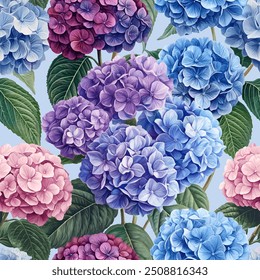 Seamless vector pattern with hydrangea flowers isolated on a changeable background. Vintage painting style illustration.