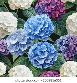 Seamless vector pattern with hydrangea flowers isolated on a changeable background. Vintage painting style illustration.