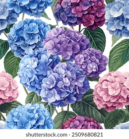 Seamless vector pattern with hydrangea flowers isolated on a changeable background. Vintage painting style illustration.