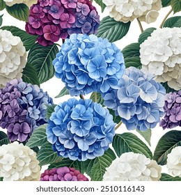 Seamless vector pattern with hydrangea flowers isolated on a changeable background. Vintage painting style illustration.