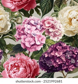 Seamless vector pattern with hydrangea and peony flowers isolated on a changeable background. Vintage painting style illustration.