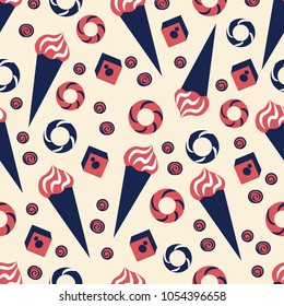 Seamless vector pattern ice cream, bagel, baklava, dondurma, candy cartoon illustration isolated on yellow background, turkish delight, food ingredients for cooking, restaurant menu, wallpaper, design