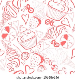 Seamless vector pattern with ice cream, strawberry and cupcake