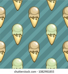 Seamless vector pattern with Ice cream cones.  Gelato with Chocolate and pistachio flavors.Tasty summer dessert. Template for fabric and wrapping.
