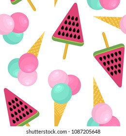 Seamless vector pattern with ice cream and watermelon popsicles.