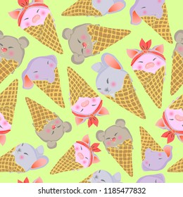 Seamless vector pattern. Ice cream in a waffle horn in the form of animals. Rabbit, Bear cub, baby elephant, pig. Vector illustration.