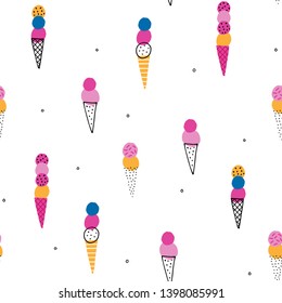 Seamless vector pattern with ice cream. For birthday, party invitations, scrapbook, summer holidays. Vector illustration in pink, blue and yellow colors.