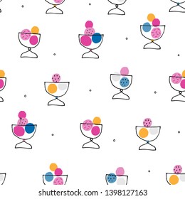 Seamless vector pattern with ice cream. For birthday, party invitations, scrapbook, summer holidays. Vector illustration in pink, blue and yellow colors.