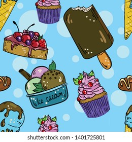Seamless vector pattern with ice cream, cake, muffin, cupcake and chocolate candy on blue background. Good for printing. Wallpaper, fabric and textile design. Cute wrapping paper pattern.