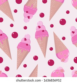 Seamless vector pattern with ice cream and berries. Summer background. Vector illustration for textile, fabric, nursery. Stock design.