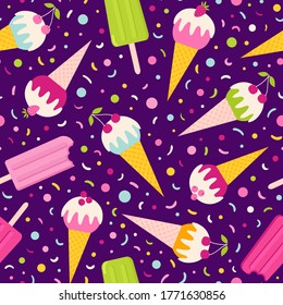 Seamless vector pattern with ice cream cones and frozen juice. Summer background great for wrapping paper, fabric, web-design, print, etc.