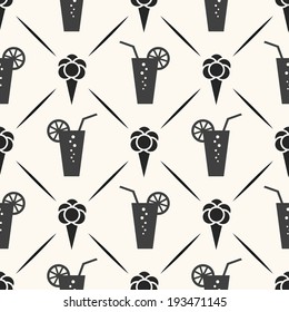 Seamless vector pattern of ice cream, cocktail and line. Endless texture for printing onto fabric, web page background and paper or invitation. Abstract retro sweet party style. White and black colors