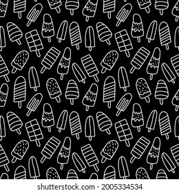 Seamless vector pattern with an ice cream white line on a black background. Dessert and summer print in doodle style hand drawn.Designs for textiles, fabric,wrapping paper, menus, packaging, web. 
