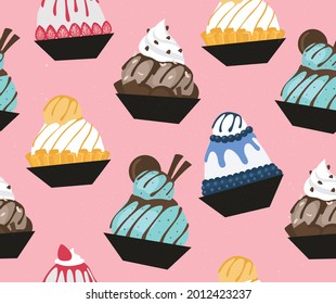 Seamless vector pattern with ice cream and Korean traditional ice flakes dessert called bingsu.  Menu, poster, banner, flyer template for a cafe. EPS10