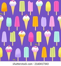 Seamless vector pattern with ice cream cones and popsicles. Summer background in bright color palette.