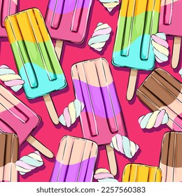 Seamless vector pattern. Ice cream on a stick, ice cream. Sweets, snacks, dessert